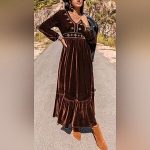 SHEIN Chocolate Velvet Long Sleeve Dress